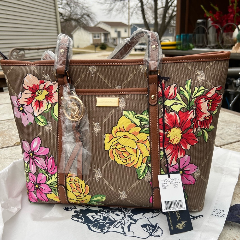 NWT RARE U.S. Polo Assn. Floral Tote Bag - Brown with Pink and Yellow flowers 🌺 - Picture 4 of 12